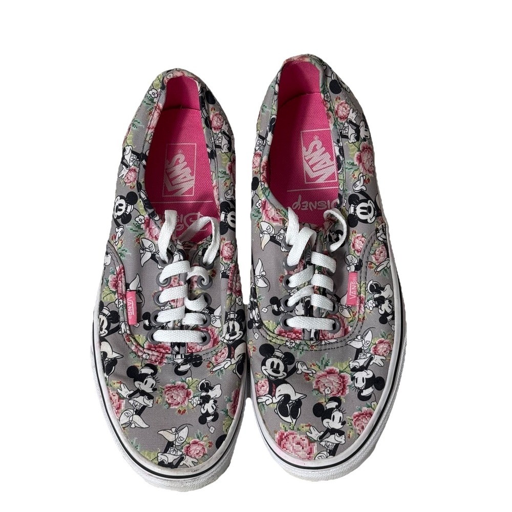 Vans Women's Gray Floral Mickey Mouse Sneakers with Pink Interior